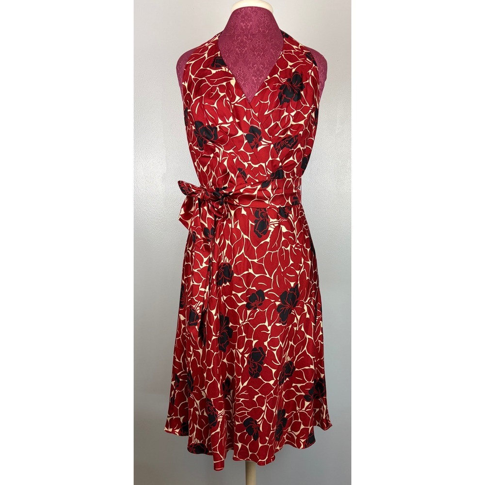 Vintage Ann Taylor Dress 8 Red Floral Silk Halter Beach‎ Belted Cocktail Midi